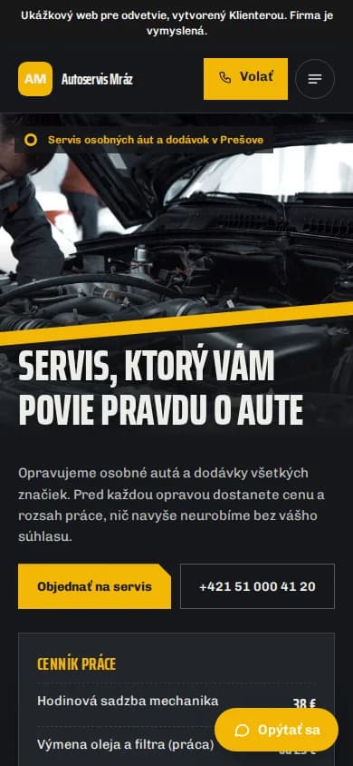 Preview of the Autoservis Mráz website, mobile